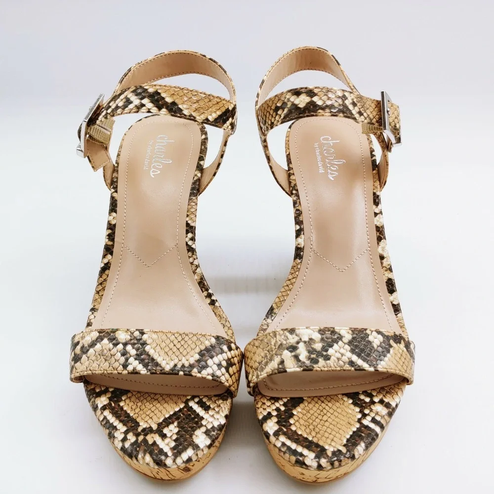 Charles David Sandals Woman Lambert Brown Snakeskin 9.5 Ankle Strap Shoe Wedge‎